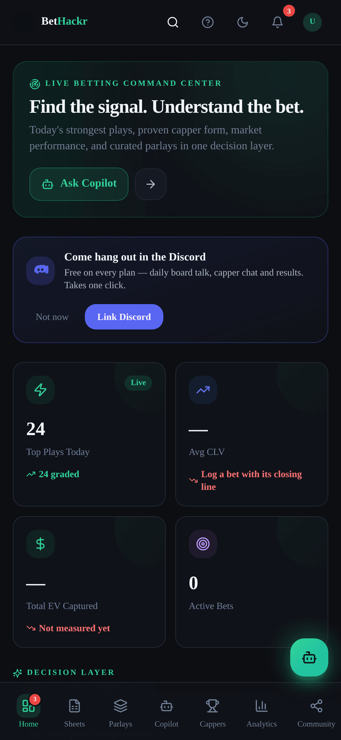 Real BetHackr mobile dashboard